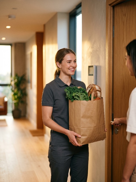 smiling, female, delivery, worker, handing, paper, bag, fresh, groceries, customer, their, home, door, grocery, courier, food, service, woman, vegetables, kale, bread, apartment, professional, uniform, healthy, shopping, convenience, lifestyle, friendly, retail, shipping, person, adult, young, indoor, hallway, entrance, order, online, ecommerce, logistics, distribution, supply, organic, produce, meal, kit, door-to-door, urban, modern, people