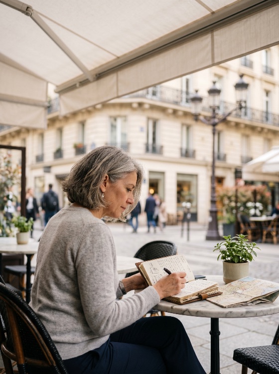 elegant, middle-aged, woman, with, grey, hair, writing, her, travel, journal, outdoor, cafe, terrace, paris, mature, notebook, france, tourism, vacation, planning, map, lifestyle, relaxed, city, urban, architecture, european, street, sidewalk, leisure, hobby, diary, pen, marble, table, solo, traveler, senior, sophisticated, contemplative, thinking, exploring, adventure, holiday, destination, tourist, side, view, places