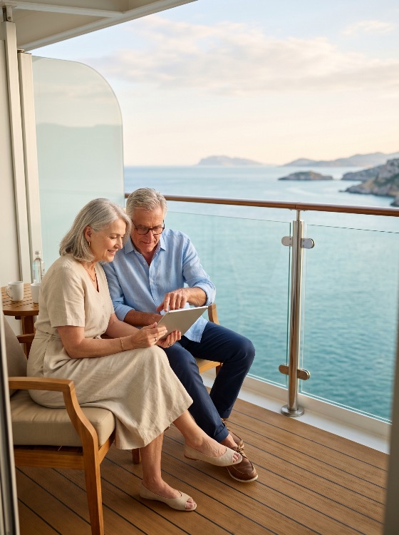 happy, senior, couple, using, digital, tablet, cruise, ship, balcony, overlooking, the, ocean, vacation, travel, retirement, technology, sea, view, luxury, lifestyle, elderly, man, woman, together, relaxing, tourism, holiday, internet, browsing, communication, connection, leisure, scenic, coastline, islands, summer, outdoors, marriage, relationship, retired, wealth, high-end, adventure, voyage, deck, glass, railing, smiling, pointing, sharing, people