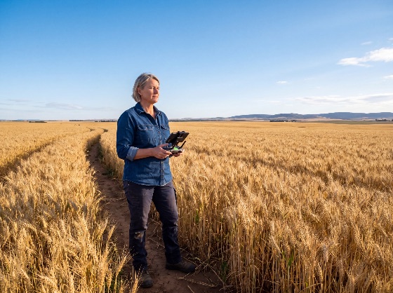 female, farmer, using, drone, remote, controller, monitor, vast, golden, wheat, field, during, harvest, season, agriculture, technology, woman, control, agronomist, smart, farming, precision, crop, monitoring, innovation, rural, agribusiness, modern, agrotech, digital, grain, cereal, landscape, sunset, sunlight, professional, farm, industry, sustainability, management, inspection, pilot, work, lifestyle, environment, sky, nature, landscapes