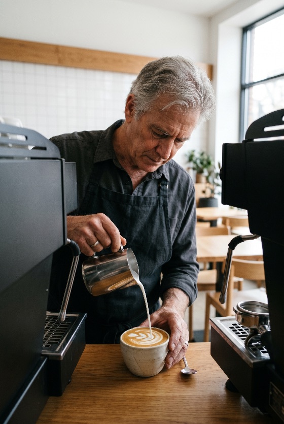 senior, male, barista, carefully, pouring, steamed, milk, create, latte, art, modern, cafe, coffee, man, espresso, professional, shop, beverage, cappuccino, drink, morning, skill, craft, hospitality, service, elderly, artisan, small, business, owner, worker, preparation, hot, caffeine, breakfast, gourmet, pitcher, cup, mug, indoor, focused, expert, food