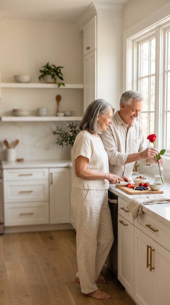 happy, senior, couple, preparing, healthy, breakfast, together, bright, modern, kitchen, while, man, holds, red, rose, elderly, romance, love, cooking, cutting, smiling, lifestyle, home, interior, white, window, sunlight, strawberries, fruit, berries, vase, flower, linen, clothing, domestic, relationship, anniversary, valentine, day, companionship, wellness, aging, retirement, morning, food, caucasian, life, eating, togetherness, bonding, romantic, people
