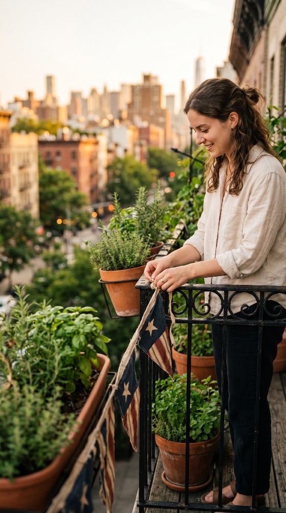 young, woman, decorating, her, city, balcony, with, american, flag, bunting, and, potted, herbs, sunset, urban, garden, gardening, apartment, lifestyle, golden, hour, new, york, patriotic, plants, terracotta, pots, smiling, happy, summer, evening, relaxation, home, outdoors, terrace, skyline, architecture, brownstone, greenery, basil, rosemary, decoration, holiday, 4th, july, independence, day, celebration, leisure, adult, female, casual, life, living, people