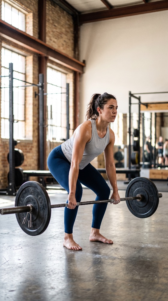 strong, athletic, woman, performing, heavy, deadlift, with, barbell, fit, young, lifts, during, exercise, she, barefoot, concrete, floor, bright, spacious, gym, industrial, architecture, her, expression, focused, and, sweating, from, the, intense, workout, fitness, strength, weightlifting, athlete, training, muscular, healthy, lifestyle, powerlifting, crossfit, bodybuilder, active, motivation, sport, lifting, wellness, sweat, focus, determination, warehouse, leggings, tank, top, indoor, physical, endurance, energy, muscle, power, health, weight, equipment, functional, bodybuilding, female, sports, lift