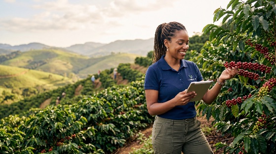 smiling, african, american, female, agronomist, using, digital, tablet, while, inspecting, coffee, cherries, mountain, plantation, woman, agriculture, farming, technology, harvest, rural, nature, sustainability, professional, black, hills, crop, inspection, smart, quality, control, organic, farm, field, worker, industry, growth, environment, landscape, beans, red, berries, tropical, business, entrepreneur, innovation, data, research, science, agritech