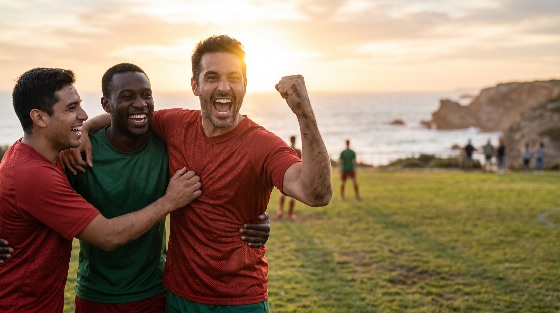 diverse, group, male, soccer, players, celebrates, victory, coastal, field, during, beautiful, sunset, celebration, team, teammates, winning, success, sports, men, golden, hour, joy, happiness, friendship, camaraderie, multiethnic, athlete, pitch, outdoor, ocean, excitement, cheering, triumph, friends, active, lifestyle, competition, game, match, goal, score, emotion, positive, energy, together, unity, support, recreation, hobby, amateur, grass, football, people