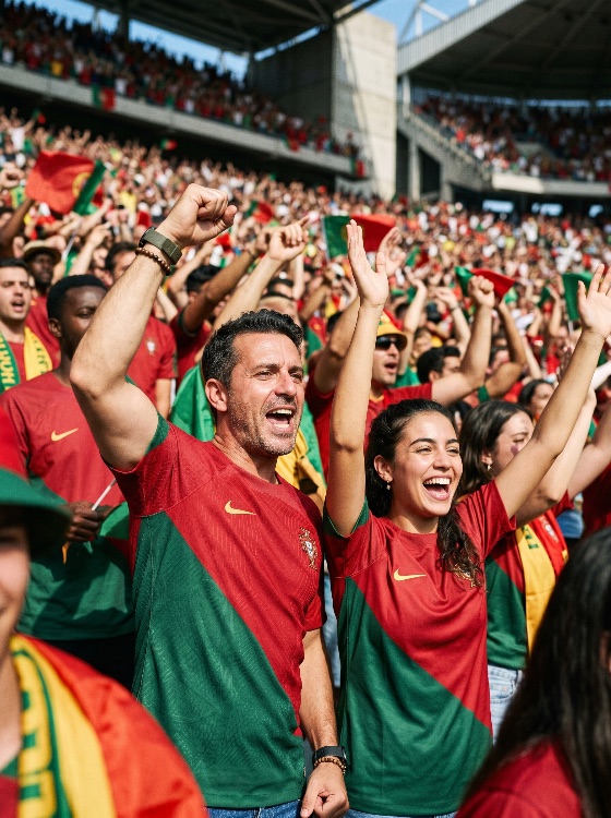 enthusiastic, portugal, soccer, fans, cheering, and, celebrating, crowded, stadium, during, match, football, celebration, supporters, game, team, jersey, national, crowd, emotion, joy, excitement, sports, tournament, championship, red, green, patriotic, audience, spectators, goal, victory, winning, atmosphere, outdoor, daytime, people, man, woman, group, lifestyle, hobby, passion, energy, shouting, screaming, happiness, togetherness, unity, fan, culture, world, cup, euro, event