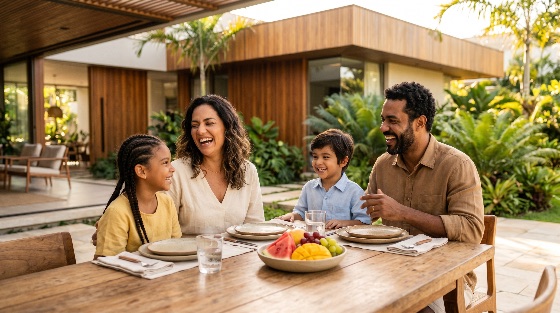 happy, family, four, laughing, together, while, enjoying, healthy, fruit, breakfast, the, sunny, outdoor, patio, modern, luxury, home, lifestyle, children, parents, mother, father, daughter, son, garden, villa, summer, morning, meal, dining, togetherness, bonding, happiness, smile, cheerful, affluent, wealth, diverse, multi-ethnic, hispanic, latino, vacation, leisure, relaxation, tropical, backyard, architecture, eating, food, fresh, joy, relationship, childhood, parenting, people