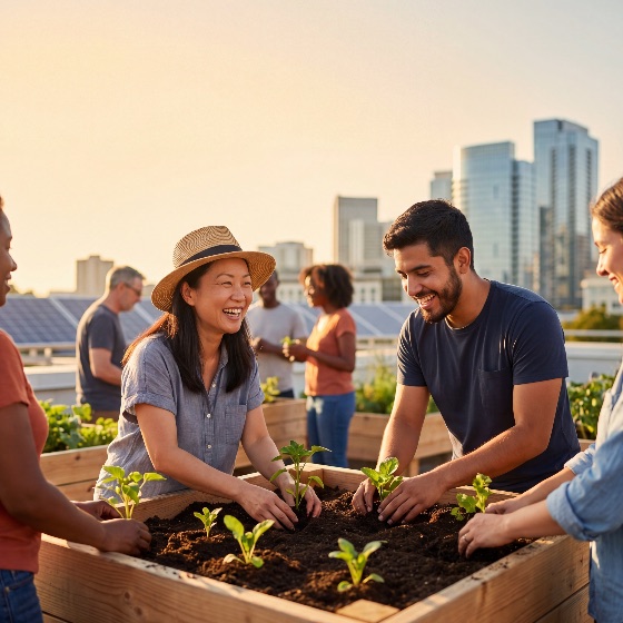 diverse, group, happy, friends, and, neighbors, working, together, community, rooftop, garden, planting, young, seedlings, wooden, raised, bed, with, modern, city, skyline, the, background, urban, farming, gardening, sustainability, people, teamwork, soil, skyscrapers, sunset, golden, hour, solar, panels, green, living, eco-friendly, nature, outdoors, happiness, lifestyle, cooperation, agriculture, environment, organic, healthy, vegetables, multi-ethnic, men, women, adult, asian, woman, hispanic, man, growth, togetherness, hobby, leisure, life, environmentalism, renewable, energy, social, interaction, tools, food, security, local, produce