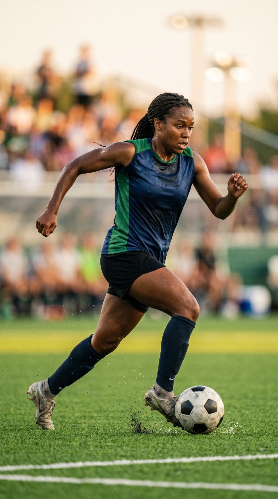 determined, female, soccer, player, dribbling, the, ball, across, green, field, during, intense, match, sunset, football, athlete, woman, sport, action, pitch, stadium, game, competition, running, sprinting, fitness, training, exercise, professional, focus, intensity, golden, hour, outdoor, grass, turf, cleats, jersey, athletic, black, african, american, lifestyle, energy, motion, speed, active, healthy, people, person, skill, kick, sports