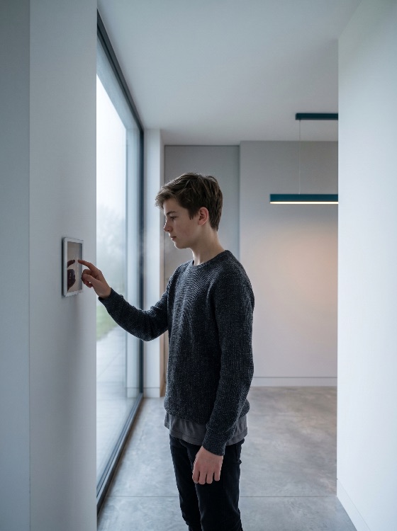 young, man, interacting, with, digital, touch, screen, interface, for, smart, home, automation, minimalist, interior, control, panel, technology, teenager, house, modern, lifestyle, futuristic, wall, window, architecture, design, intelligence, internet, things, iot, connectivity, system, innovation, high-tech, gadget, device, tablet, caucasian, male, standing, profile, side, view, indoor, bright, clean, domestic, living, future, electronics, efficiency, management