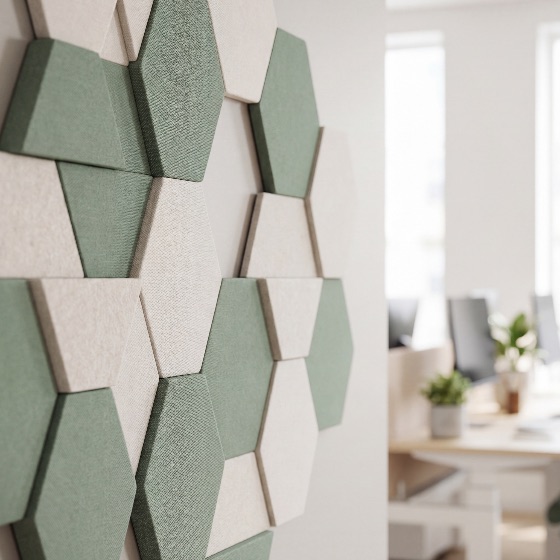 modern, hexagonal, acoustic, wall, panels, sage, green, and, beige, fabric, installed, contemporary, office, space, reduce, noise, improve, sound, quality, for, productive, work, environment, soundproofing, design, hexagon, decor, interior, absorption, workspace, texture, reduction, decorative, architecture, professional, business, quiet, treatment, art, geometric, pattern, felt, upholstery, minimalist, workplace, corporate, home, soundproof, insulation, aesthetic, blurred, background, desk, plant, monitor, indoor, creative, studio, material, surface, modular, arrangement, installation, productivity, comfort, finance