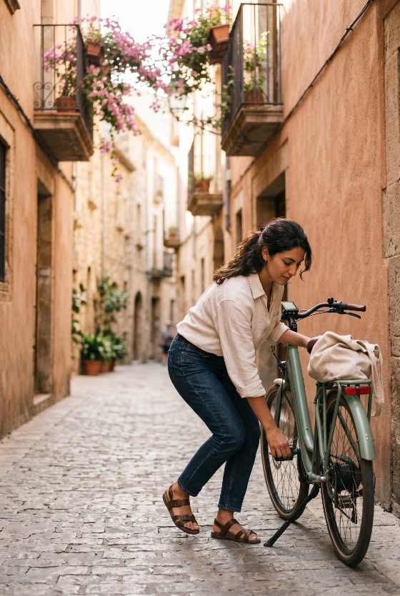 young, woman, adjusting, her, electric, bicycle, narrow, cobblestone, street, old, european, town, bike, e-bike, alley, travel, lifestyle, transportation, eco-friendly, sustainable, urban, city, architecture, summer, vacation, tourism, casual, fashion, flowers, balcony, repairing, outdoor, active, mobility, green, linen, shirt, jeans, sandals, mediterranean, spain, italy, france, village, scenic, beautiful, one, person, adult, female, places