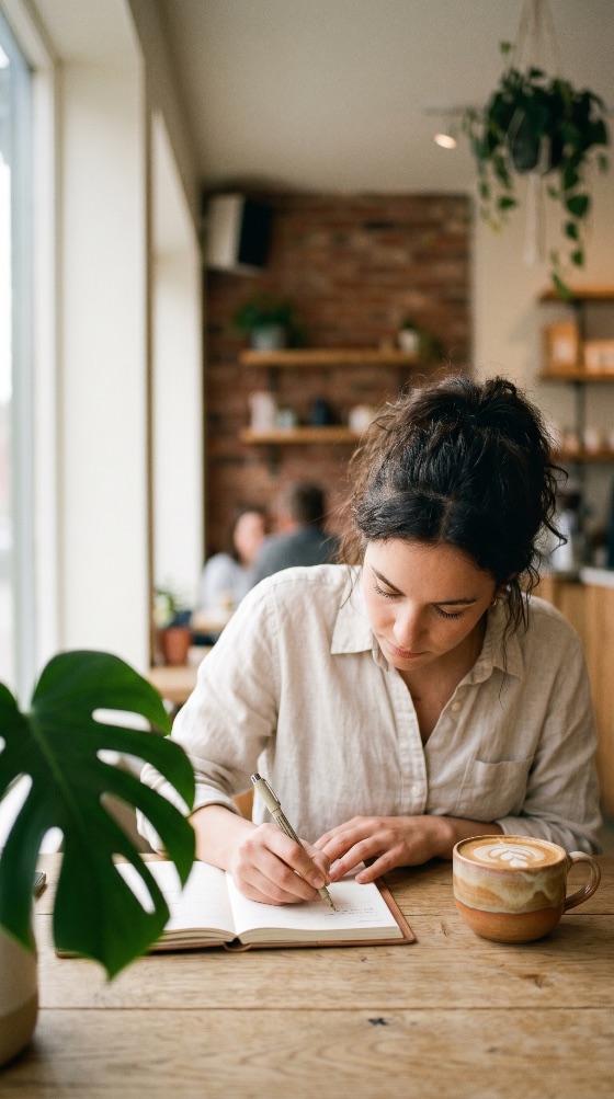 young, woman, writing, notebook, cozy, cafe, with, cup, latte, and, indoor, plants, coffee, shop, journaling, lifestyle, focused, table, wooden, pen, plant, monstera, leisure, education, planning, diary, writer, adult, casual, linen, shirt, beverage, drink, art, interior, workspace, remote, work, freelancer, productivity, peaceful, calm, hobby, inspiration, notes, student, study, creative, morning, brick, wall, people