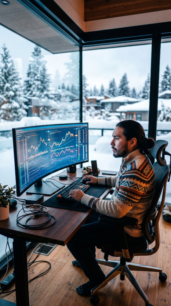 professional, trader, working, from, home, cozy, winter, cabin, office, analyzing, stock, market, charts, wide, monitor, trading, crypto, finance, snow, remote, work, investor, analysis, technology, financial, investment, business, mountain, data, graph, chart, cryptocurrency, forex, entrepreneur, workspace, computer, lifestyle, digital, nomad, modern, interior, window, view, landscape, pine, trees, sweater, man, male, person, success, wealth, economy, online, internet