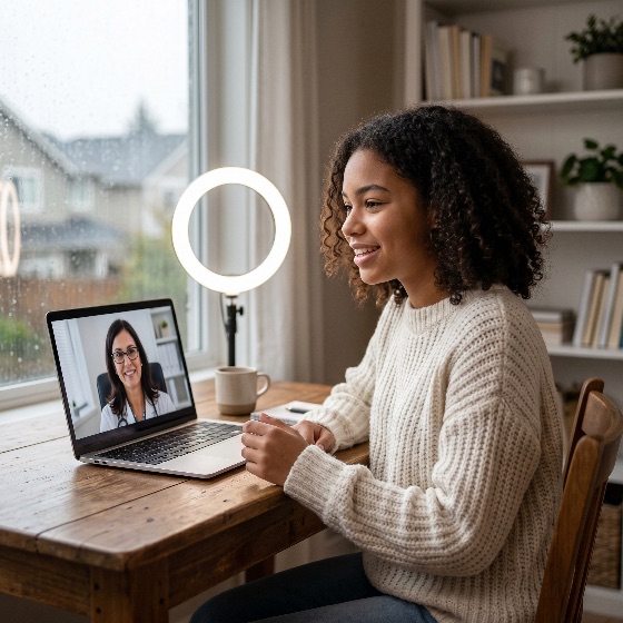 young, woman, with, curly, hair, having, telemedicine, consultation, female, doctor, her, laptop, home, telehealth, patient, online, video, call, healthcare, medical, remote, technology, communication, virtual, wellness, advice, internet, computer, digital, health, professional, rainy, day, cozy, ring, light, lifestyle, medicine, clinic, physician, checkup, meeting, screen, connection, service, support, care, adult, indoor, office, desk, wooden, table, bookshelf, mug, coffee