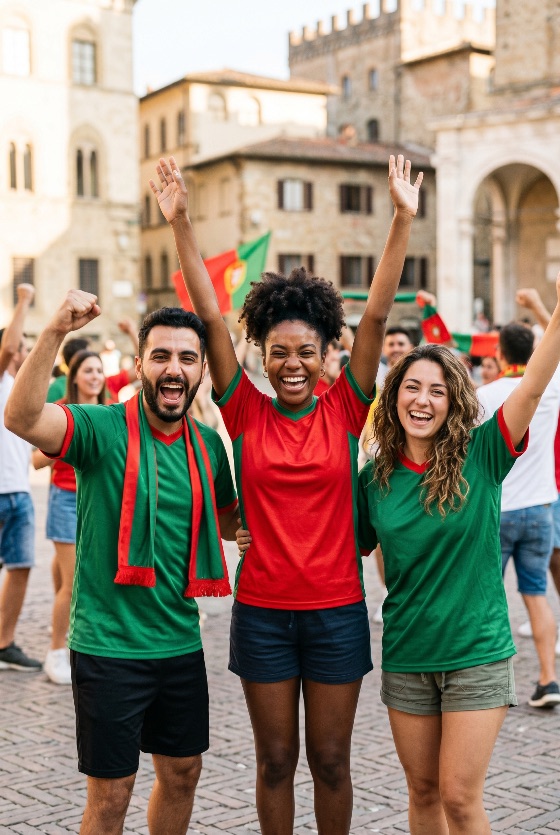 group, diverse, young, friends, and, football, fans, cheering, for, portugal, celebrating, victory, with, arms, raised, historic, city, square, soccer, celebration, supporters, national, team, adults, man, woman, multiracial, outdoors, street, europe, happy, joy, excitement, enthusiastic, screaming, laughing, success, red, green, jersey, scarf, flag, sport, match, tournament, championship, people, lifestyle