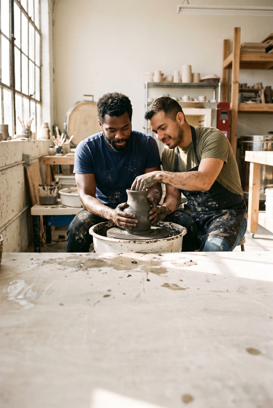 two, diverse, male, artists, collaborating, shape, clay, vase, pottery, wheel, bright, ceramic, studio, workshop, ceramics, men, collaboration, craft, hobby, creativity, art, handmade, artisan, shaping, molding, teamwork, friendship, creative, professional, skill, learning, teaching, industrial, indoor, people, multi-ethnic, craftsmanship, potter, ceramicist, class, small, business, entrepreneur, lifestyle, hands-on, messy, artistic, hobbyist, manual, labor, arts, culture