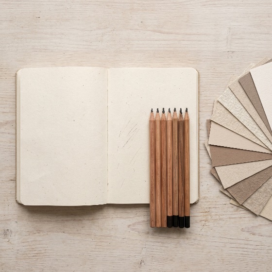 open, blank, notebook, with, wooden, pencils, and, paper, swatches, light, wood, surface, sketchbook, art, design, creative, flat, lay, top, view, stationery, supplies, drawing, sketching, neutral, beige, texture, samples, mock-up, workspace, desk, minimalist, organic, natural, craft, hobby, illustration, tools, objects, still, life