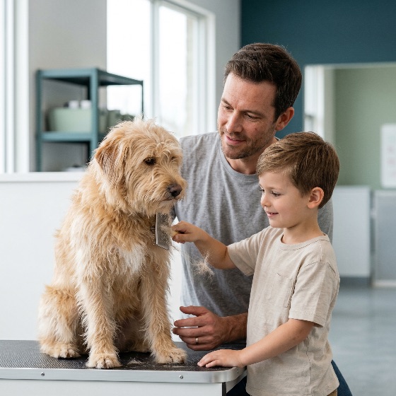 father, and, young, son, brushing, fluffy, goldendoodle, dog, grooming, table, teaching, pet, care, hygiene, family, activity, salon, animal, labradoodle, childhood, parenting, responsibility, bonding, happy, smiling, domestic, canine, shaggy, slicker, brush, owner, lover, health, wellness, togetherness, lifestyle, indoor, animals, wildlife