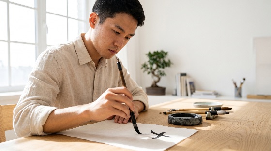 focused, young, asian, man, practicing, traditional, chinese, calligraphy, with, brush, and, ink, bright, minimalist, studio, writing, art, culture, artist, focus, concentration, hobby, lifestyle, home, creative, paper, stone, bonsai, japanese, kanji, hanzi, adult, male, heritage, mindfulness, skill, craft, education, peaceful, people