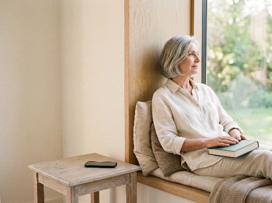 serene, senior, woman, sitting, window, with, book, looking, outside, thoughtfully, modern, home, mature, relaxing, peaceful, serenity, lifestyle, reading, thinking, away, leisure, retirement, cozy, interior, grey, hair, middle, aged, comfort, happiness, calm, morning, light, garden, view, smartphone, technology, digital, detox, solitude, wellness, health, aging, portrait, casual, linen, natural, wooden, seat, cushion, people