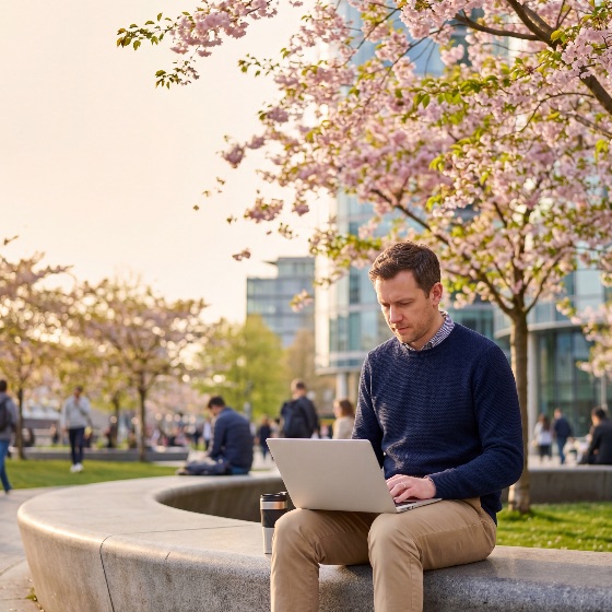 focused, professional, man, using, laptop, computer, outdoors, modern, urban, park, surrounded, blooming, pink, cherry, blossom, trees, during, sunny, spring, afternoon, the, city, working, remote, work, technology, business, freelancer, digital, nomad, sakura, flowers, nature, office, lifestyle, productivity, casual, light, golden, hour, sitting, bench, coffee, communication, internet, wireless, connection, male, adult, career, success, leisure, environment, life, workspace, entrepreneur, student, education, online, web, browsing, typing, finance