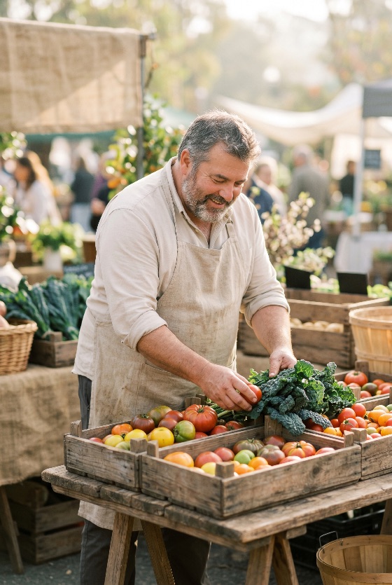 smiling, middle-aged, male, farmer, arranging, fresh, organic, tomatoes, and, kale, wooden, crates, outdoor, local, farmers, market, vegetables, man, vendor, produce, agriculture, healthy, food, stall, heirloom, crate, small, business, harvest, lifestyle, sustainable, nutrition, gardening, retail, shopping, community, worker, entrepreneur, artisan, beard, apron, friendly, natural, light, drink