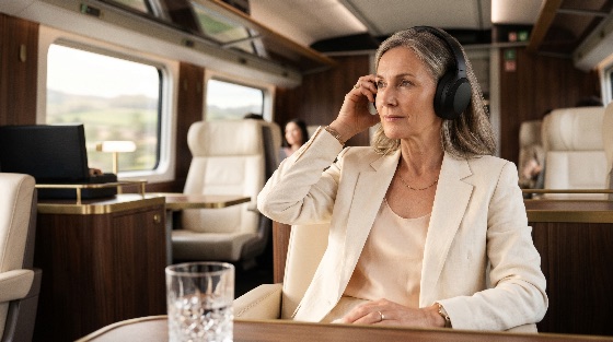 elegant, mature, woman, wearing, wireless, headphones, while, traveling, luxury, first-class, train, cabin, senior, travel, first, class, business, listening, music, commute, transportation, lifestyle, passenger, professional, sophisticated, comfort, technology, noise, canceling, interior, railway, trip, vacation, executive, wealthy, high-end, leisure, relaxation, peaceful, grey, hair, blazer, fashion, style, tourism, modern, window, view, seated, portrait, people, adult, female