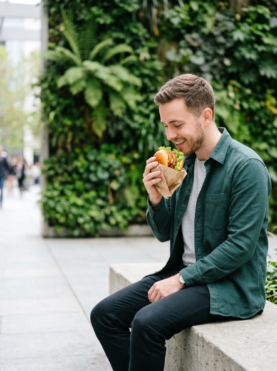 happy, young, man, sitting, stone, bench, urban, setting, enjoying, delicious, burger, for, lunch, against, green, wall, background, eating, lifestyle, food, city, outdoors, male, adult, caucasian, hamburger, street, vertical, garden, casual, smiling, beard, takeaway, snack, break, leisure, appetite, meal, fast, summer, daylight, modern, people, one, person, holding, looking, down, hungry