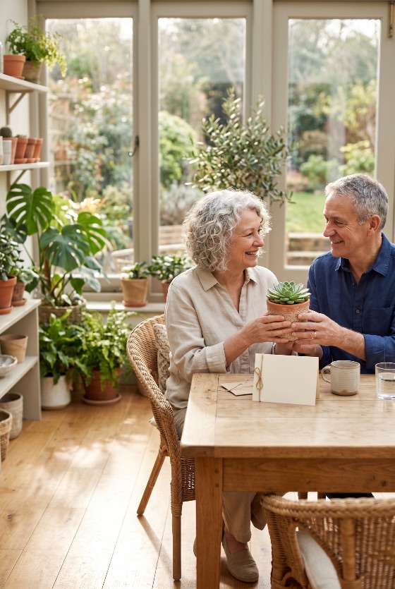 happy, senior, couple, sitting, together, sunlit, conservatory, holding, potted, succulent, plant, retirement, love, plants, sunroom, gardening, lifestyle, home, elderly, relationship, smiling, indoor, natural, light, hobby, aging, affection, domestic, life, leisure, nature, green, monstera, houseplant, gift, anniversary, birthday, card, wooden, table, cozy, bright, peaceful, caucasian, man, woman, husband, wife, partnership, sustainable, living, urban, jungle, interior, design, well-being, people
