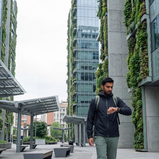 young, man, checking, his, smartwatch, while, walking, through, modern, sustainable, city, district, featuring, vertical, gardens, building, facades, and, solar, panel, structures, public, plaza, urban, green, architecture, garden, eco-friendly, technology, lifestyle, backpack, panels, environment, future, smart, nature, plants, facade, outdoor, person, male, professional, commuter, travel, wellness, fitness, time, gadget, wearable, sustainability, ecology, design, street, park, vegetation, renewable, energy, clean, innovation, metropolitan, casual, indian, south, asian, life, people