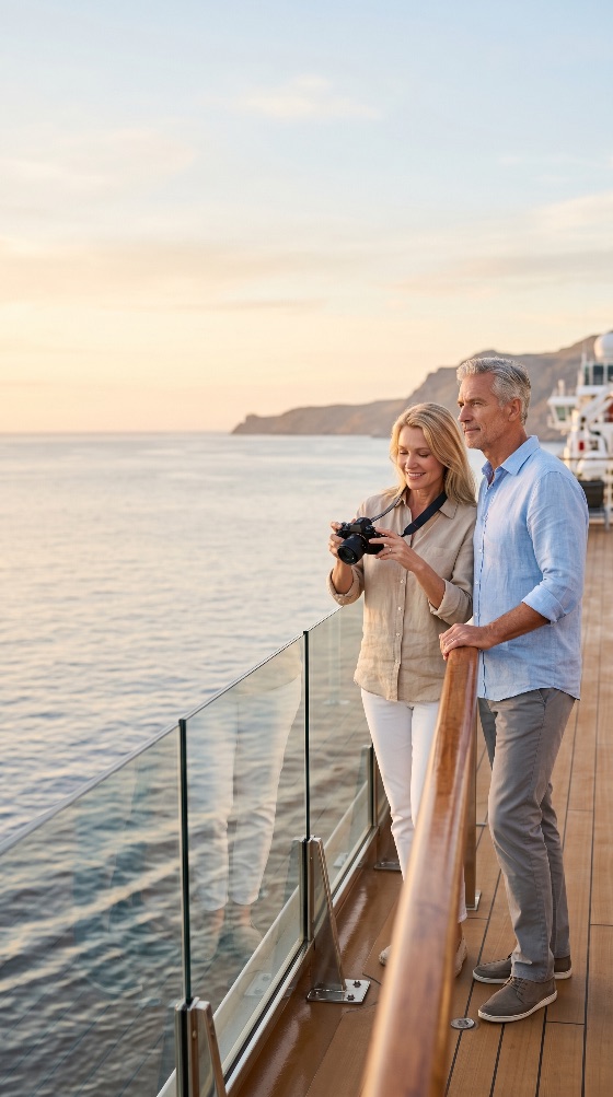 happy, senior, couple, enjoying, sunset, luxury, cruise, ship, deck, travel, vacation, ocean, sea, retirement, photography, camera, tourist, holiday, lifestyle, together, romantic, leisure, tourism, voyage, boat, coastline, view, summer, elegant, mature, middle-aged, outdoors, people