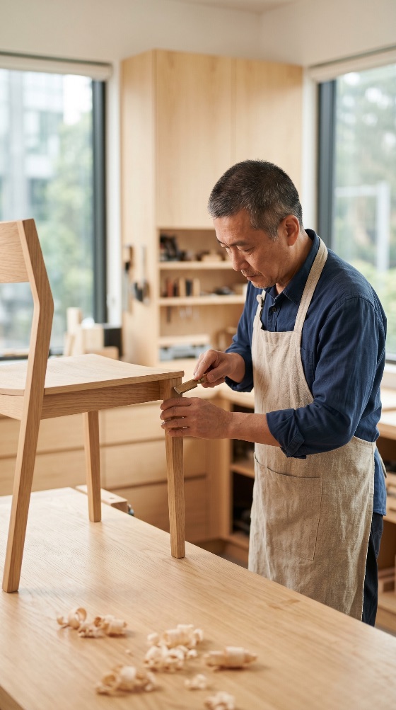 skilled, asian, carpenter, meticulously, working, handcrafted, wooden, chair, with, chisel, bright, modern, woodworking, studio, craftsman, artisan, wood, workshop, furniture, handmade, craft, skill, professional, man, mature, apron, tool, carving, joinery, manual, labor, hobby, small, business, creative, design, woodworker, manufacturing, traditional, detail, focus, concentration, work, industry, carpentry, shavings, workbench, indoor, lifestyle, expertise, precision, interiors