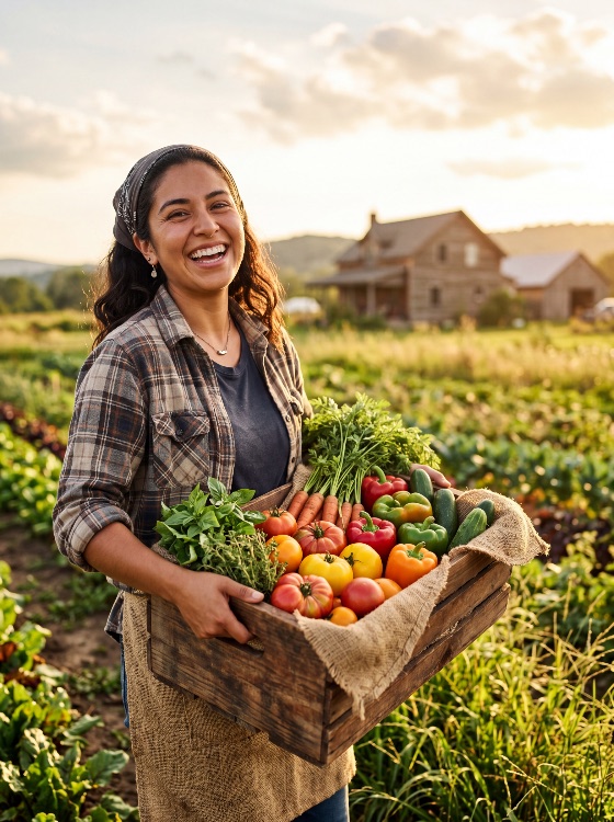 happy, young, woman, holding, wooden, crate, freshly, harvested, organic, vegetables, farm, sunset, farmer, harvest, fresh, garden, agriculture, smiling, healthy, produce, tomatoes, peppers, carrots, lifestyle, sustainability, rural, gardening, local, food, golden, hour, nature, nutrition, outdoor, summer, autumn, herbs, basil, countryside, small, business, agribusiness, happiness, success, raw, vegan, vegetarian, eco-friendly, farmhouse, rustic, burlap, plaid, shirt, adult, crop, cultivation, abundance, gardener, people