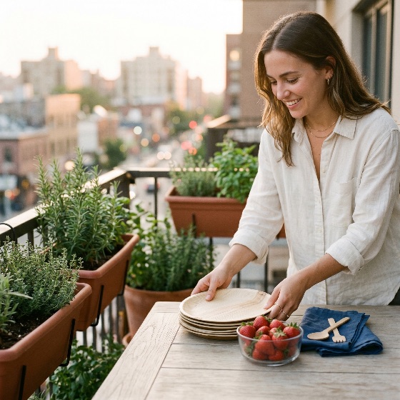 young, woman, setting, outdoor, table, with, eco-friendly, plates, city, balcony, garden, during, sunset, urban, sustainability, dining, lifestyle, healthy, strawberries, herbs, rosemary, apartment, terrace, summer, smiling, home, wooden, organic, green, living, nature, life, relaxation, wellness, fresh, food, dinner, breakfast, morning, evening, golden, hour, plant, gardening, hobby, leisure, casual, linen, shirt, beautiful, happy, environment, biodegradable, zero, waste, sustainable, view, landscapes