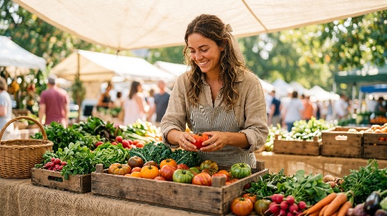 smiling, young, woman, vendor, arranging, fresh, organic, tomatoes, vibrant, outdoor, farmers, market, stall, vegetables, local, food, small, business, apron, produce, heirloom, healthy, eating, sustainability, agriculture, harvest, lifestyle, nutrition, summer, wooden, crate, community, farm, table, radishes, kale, carrots, entrepreneur, female, adult, marketplace, shopping, eco-friendly, natural, raw, seasonal, variety, colorful, retail, seller, commerce, sunny, gardening, people