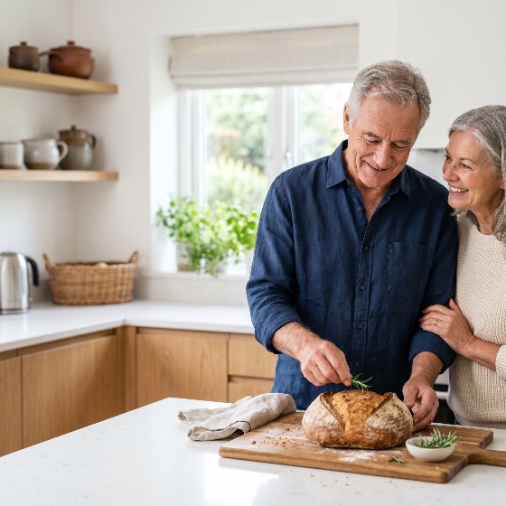 happy, senior, couple, enjoying, time, together, bright, modern, kitchen, while, the, man, garnishes, fresh, homemade, sourdough, bread, with, rosemary, baking, woman, elderly, retired, lifestyle, smiling, love, domestic, cooking, garnishing, home, interior, white, wood, countertop, healthy, artisan, crusty, food, nutrition, wellness, hobby, activity, caucasian, mature, aging, grandparents, people