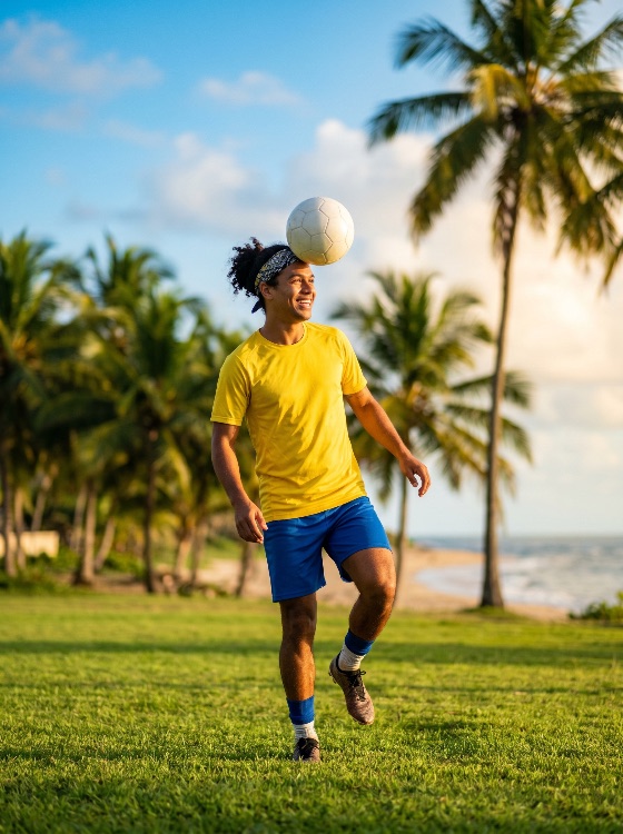 athletic, young, man, yellow, shirt, balancing, soccer, ball, his, head, tropical, beach, park, with, palm, trees, football, athlete, heading, sport, outdoor, summer, lifestyle, active, training, fitness, grass, exercise, hobby, vacation, leisure, happiness, smiling, adult, skill, player, island, brazil, latino, build, healthy, recreational, sports, juggling, control, sunny, day, golden, hour