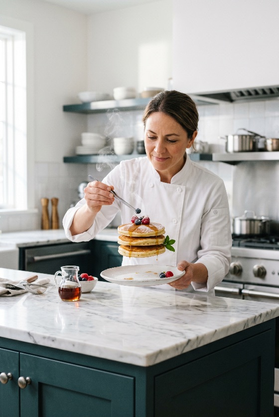 professional, female, chef, decorating, levitating, stack, pancakes, with, berries, and, syrup, bright, modern, kitchen, levitation, breakfast, food, styling, blueberry, raspberry, cooking, woman, uniform, marble, creative, floating, dessert, gourmet, culinary, meal, morning, sweet, delicious, hot, steam, tweezers, plating, drink