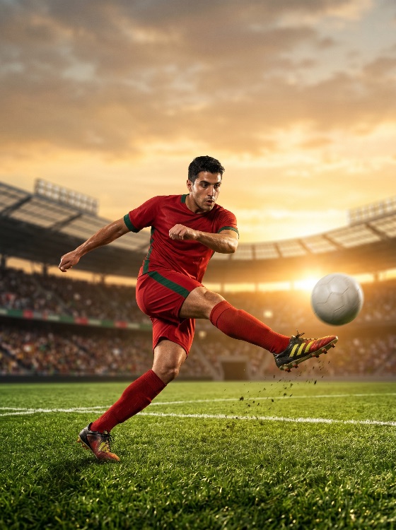 professional, male, soccer, player, red, uniform, kicking, ball, with, power, and, precision, stadium, sunset, football, athlete, match, game, sport, action, motion, goal, field, grass, jersey, competition, tournament, crowd, arena, man, fitness, training, strike, kick, score, championship, energy, dynamic, golden, hour, outdoor, sunlight, sportsmanship, active, sports