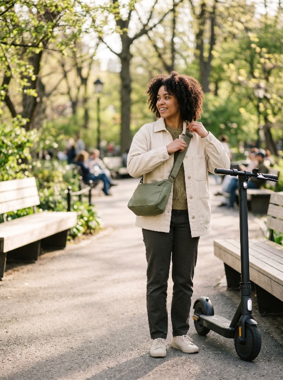 young, smiling, african, american, woman, with, curly, hair, standing, next, electric, scooter, sunny, public, park, lifestyle, transportation, urban, mobility, happy, eco-friendly, green, city, outdoor, commute, sustainability, leisure, black, modern, spring, summer, casual, jacket, walkway, path, nature, active, travel, person, female, portrait, full, length, people