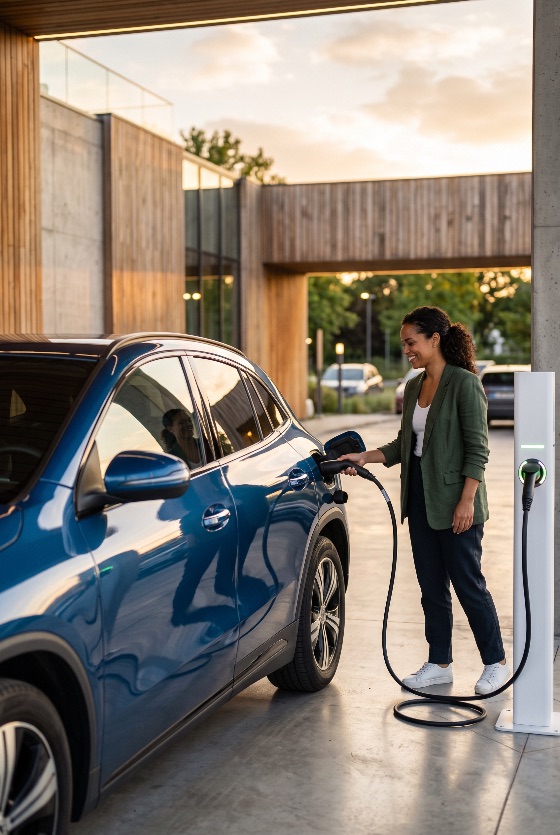 smiling, african, american, woman, plugging, charging, cable, into, professional, attire, plugs, her, blue, electric, suv, sleek, station, the, scene, set, outdoors, near, contemporary, architecture, during, sunset, emphasizing, eco-friendly, commuting, car, sustainability, green, energy, transportation, modern, lifestyle, technology, renewable, power, battery, environment, future, commute, black, golden, hour, outdoor, vehicle, automobile, clean, plug-in, socket, electricity, urban, city, travel, mobility, innovative, efficiency, zero, emissions, climate, change, ecology, parking, driveway, luxury, smart, sustainable, vehicles