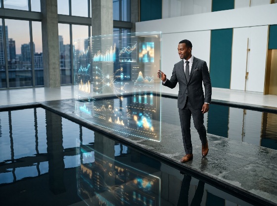 african, american, businessman, analyzing, financial, data, futuristic, holographic, interface, modern, corporate, office, lobby, technology, future, business, analytics, digital, innovation, dashboard, professional, black, man, suit, intelligence, visualization, graph, chart, tech, virtual, hud, screen, investment, success, executive, luxury, architecture, reflection, water, city, dusk, evening, artificial, fintech, big, analysis, interactive, smart, global, communication, management, strategy