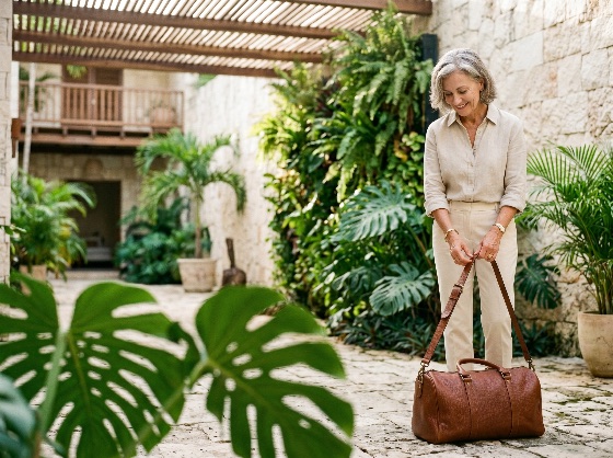 elegant, mature, woman, with, leather, travel, bag, tropical, resort, courtyard, senior, vacation, luxury, duffel, garden, patio, smiling, happy, lifestyle, grey, hair, linen, shirt, tourism, getaway, holiday, outdoors, sophisticated, wealth, retirement, active, luggage, packing, departure, arrival, monstera, palm, trees, summer, leisure, journey, traveler, stylish, fashion, high-end, villa, hospitality, wellness, relaxation, places