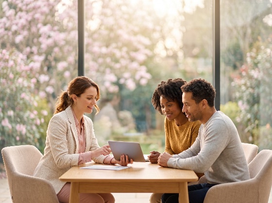 professional, woman, consulting, with, diverse, couple, using, digital, tablet, modern, office, beautiful, spring, garden, background, consultation, financial, advisor, meeting, business, real, estate, planning, investment, insurance, banking, technology, communication, advice, client, agent, lawyer, mortgage, finance, wealth, multi-ethnic, black, man, people, interior, bright, window, blossom, flowers, smiling, happy, trust, collaboration, discussion, service, expertise
