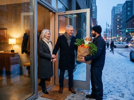 delivery, man, handing, bag, fresh, groceries, senior, couple, their, doorstep, snowy, winter, evening, grocery, snow, home, courier, food, vegetables, elderly, service, urban, city, lifestyle, convenience, healthy, shopping, paper, door, entrance, apartment, clothes, smiling, friendly, help, assistance, retirement, aging, organic, produce, bread, kale, carrots, tomatoes, season, cold, weather, dusk, life, customer, people