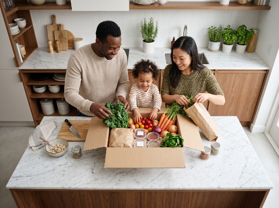 happy, diverse, family, unpacking, fresh, organic, grocery, delivery, box, modern, kitchen, groceries, healthy, vegetables, multi-ethnic, father, mother, daughter, child, home, meal, kit, produce, lifestyle, togetherness, happiness, cooking, nutrition, wellness, interior, marble, countertop, sustainable, food, cardboard, kale, tomatoes, carrots, spinach, grains, domestic, daily, life, bright, clean, smiling, cooperation, parenting, childhood, eating, people