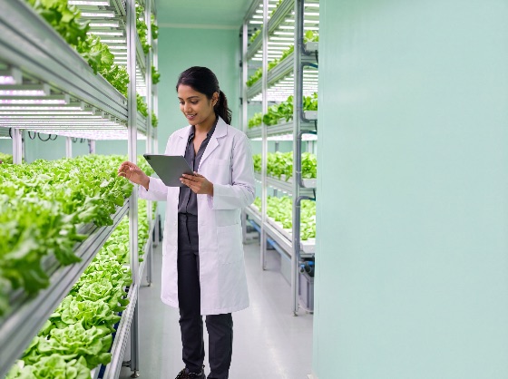 female, scientist, white, lab, coat, using, digital, tablet, monitor, lettuce, growth, modern, vertical, indoor, farm, farming, agronomist, hydroponics, agriculture, technology, green, sustainable, research, laboratory, woman, indian, professional, urban, food, security, smart, led, lights, cultivation, monitoring, innovation, future, plant, vegetable, organic, botany, biology, environment, eco-friendly, industry, production, healthy, fresh, nutrition