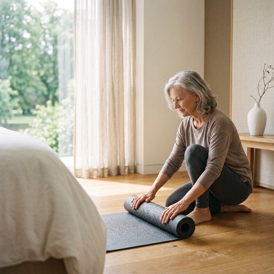 active, senior, woman, rolling, her, yoga, mat, after, home, workout, bright, bedroom, exercise, fitness, healthy, lifestyle, mature, wellness, morning, health, retirement, aging, peaceful, calm, stretching, pilates, indoor, wooden, floor, sunlight, minimalist, wellbeing, gray, hair, female, meditation, relaxation, routine, domestic, life, physical, activity, sports